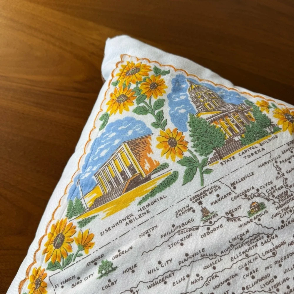Vintage Kansas Handkerchief Pillow Sunflowers Shabby Chic Retro Country Decor